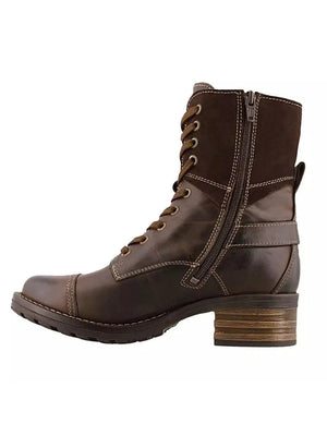 Brown leather combat boot with contrast suede cuff, laces, and side zipper.