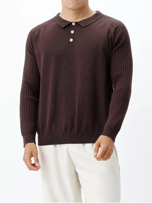 Men's brown ribbed sleeve knit polo shirt with button placket.