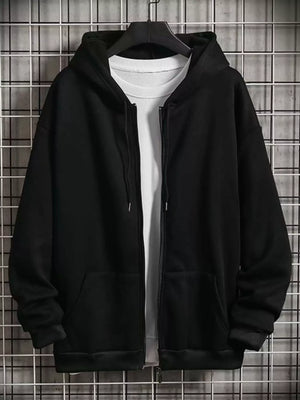 Black zip-up hoodie with drawstring hood and front pockets, layered over a white t-shirt.