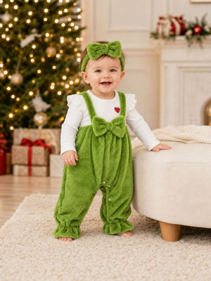 red overalls with full-length and snap