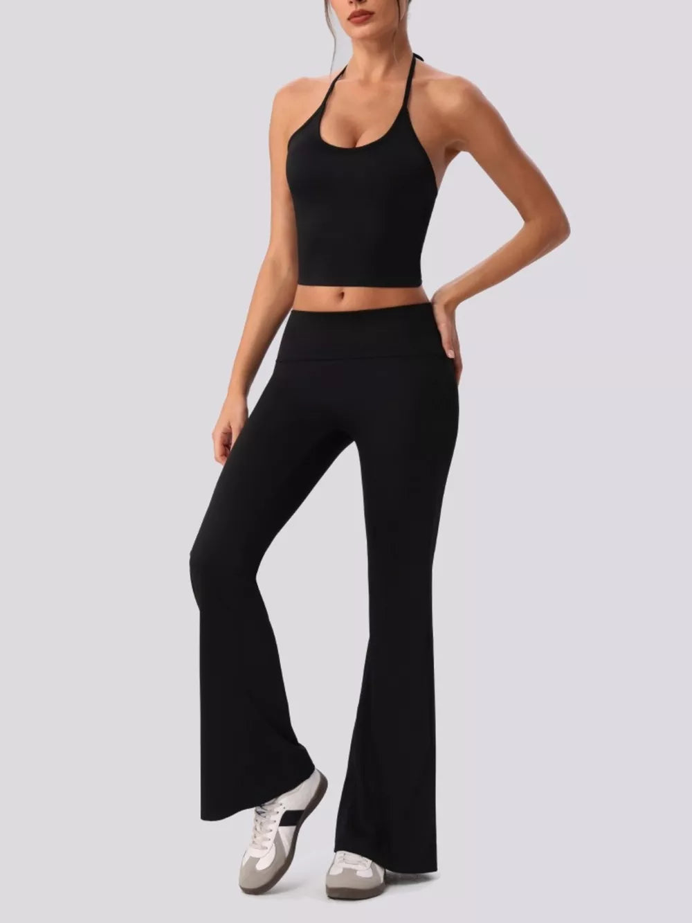 Halter Neck Cami And Flare Leggings Set in Ivory with tied