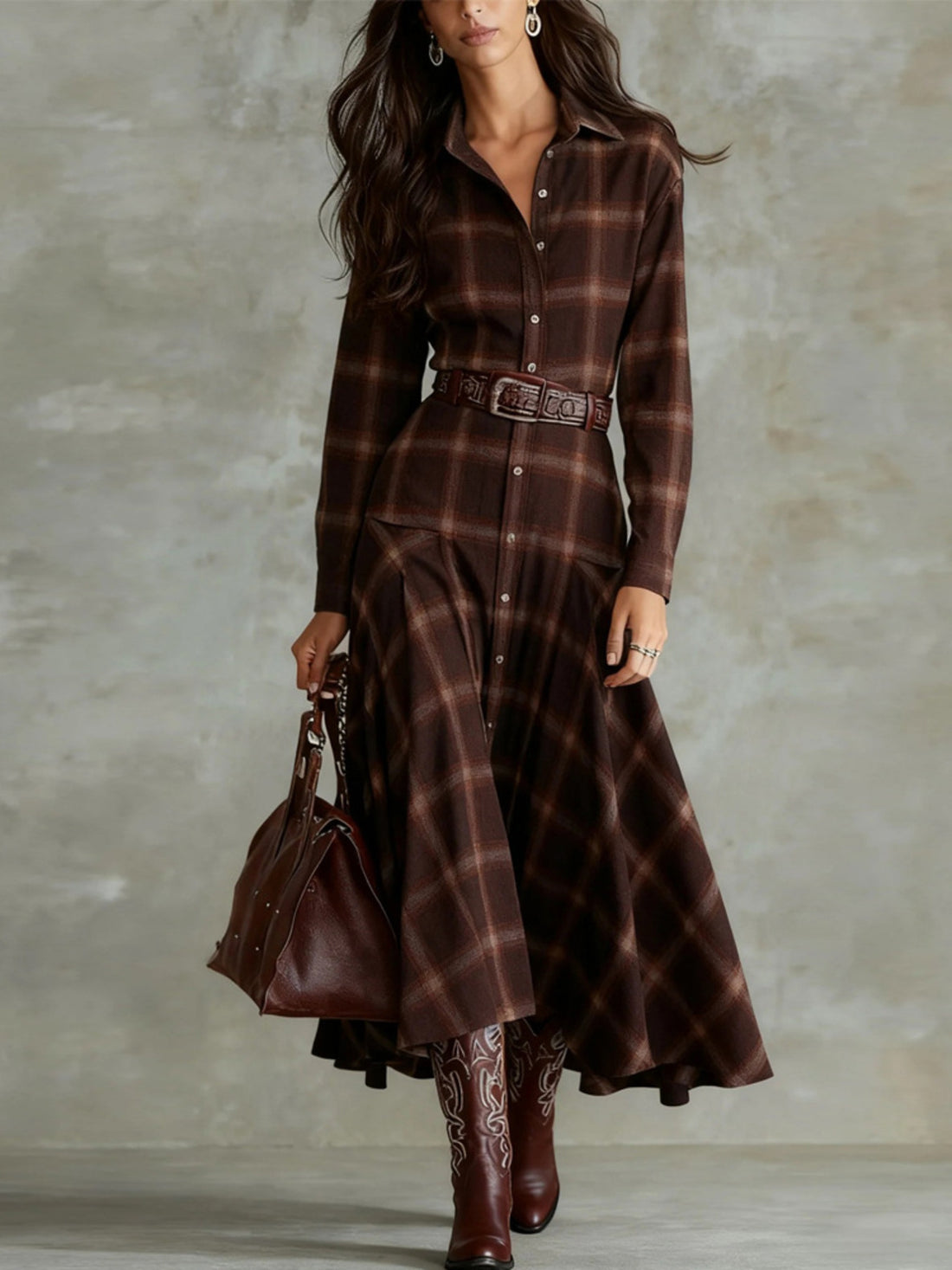 brown shirt dress with plaid and collared