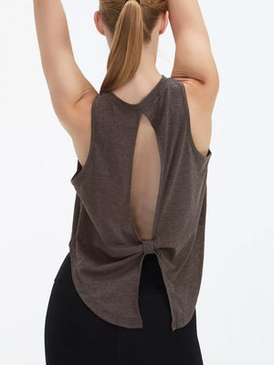 Brown knit tank top with open back cutout and tie detail