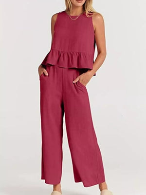 Black with Ruffled Hem Sleeveless Top And Wide-leg Pants Set Plus Size