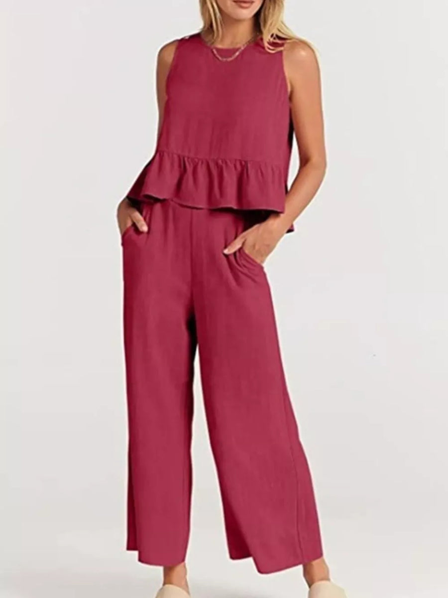 Black with Ruffled Hem Sleeveless Top And Wide-leg Pants Set Plus Size