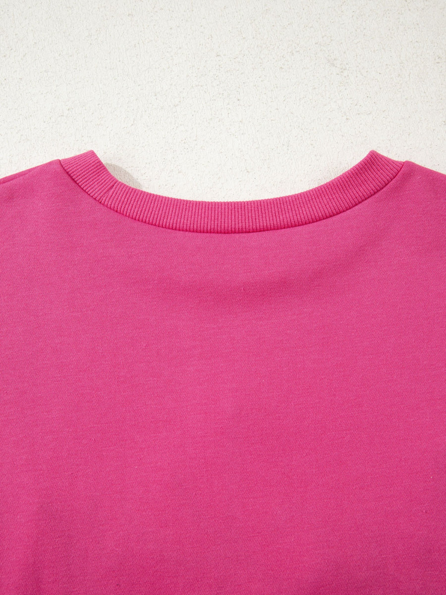 Pink crew neck cotton sweatshirt with ribbed neckline detail
