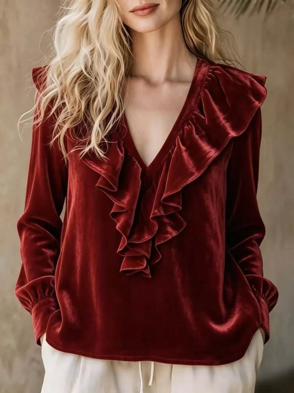 White Full Size Ruffled V-neck Long Sleeve Blouse