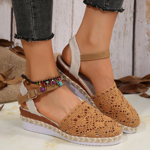 Brown crochet espadrille wedge sandals with adjustable ankle strap and beaded anklet.