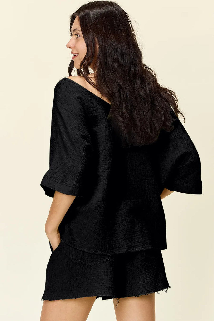 Black textured cotton half sleeve top and drawstring shorts set