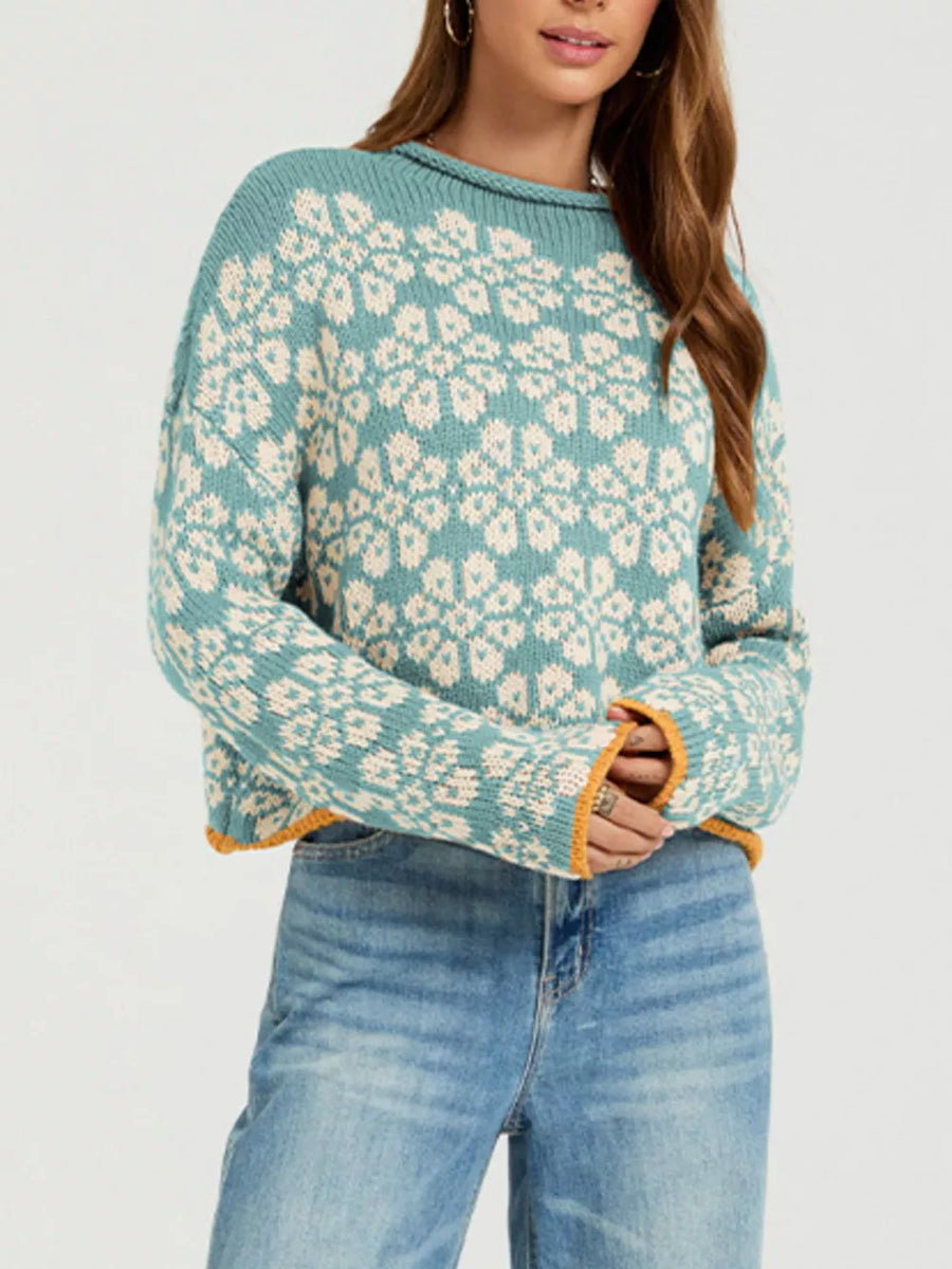 cream pullover sweater featuring ribbed and floral