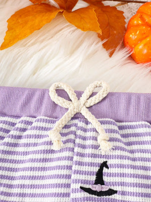 Children's Halloween Pumpkin Striped Pajama Set in Light Purple with drawstring