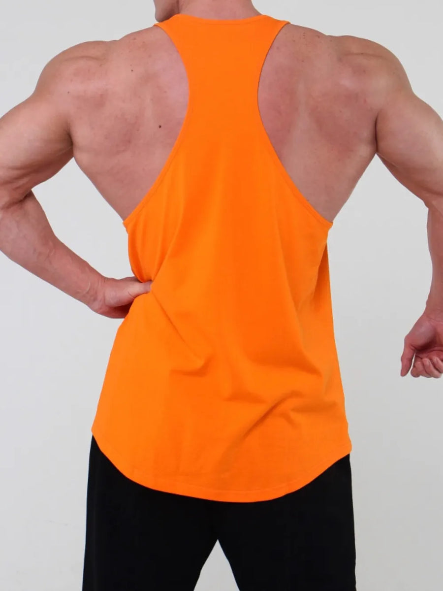 Tangerine scoop neck workout tank top with racerback detail.