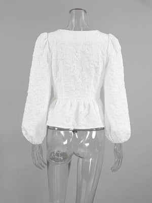 Khaki peplum top with peplum and puff sleeve