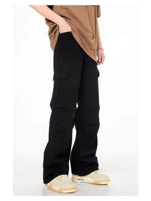 Men's black loose fit cargo pants with multiple pockets.