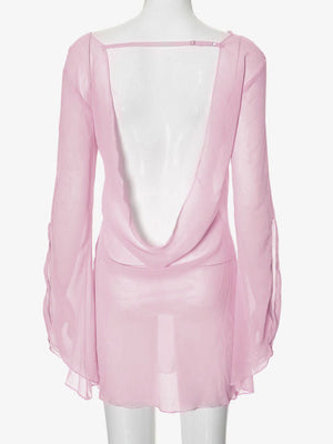 Pink sheer chiffon mini dress with draped backless design and long bell sleeves.