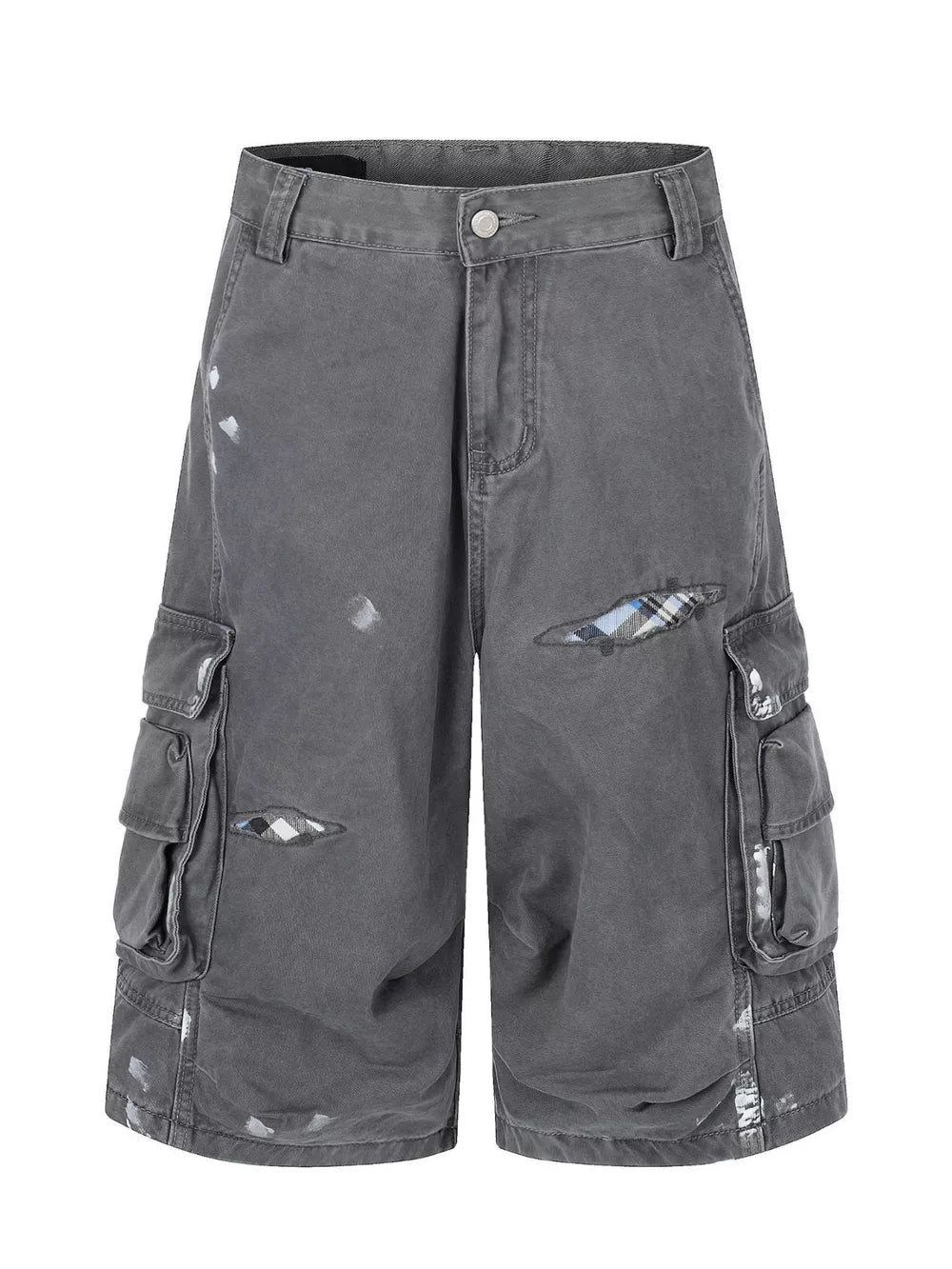 Gray cargo capris with distressed detailing and plaid patches.