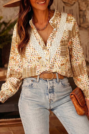 Tan Floral Lace Trim Button Down Shirt