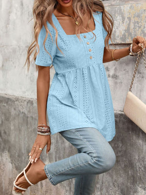 Sky blue eyelet square neck puff sleeve blouse with decorative buttons
