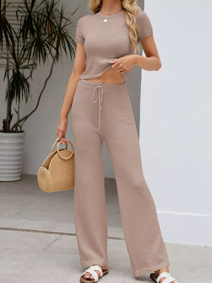 lounge set in taupe featuring ribbed and relaxed fit