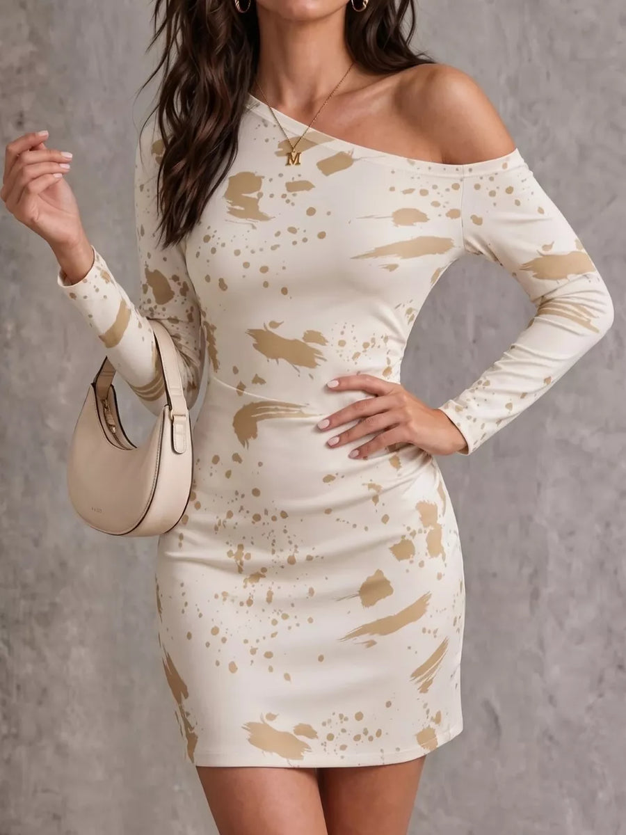 gold bodycon dress featuring ruched and paint splatter