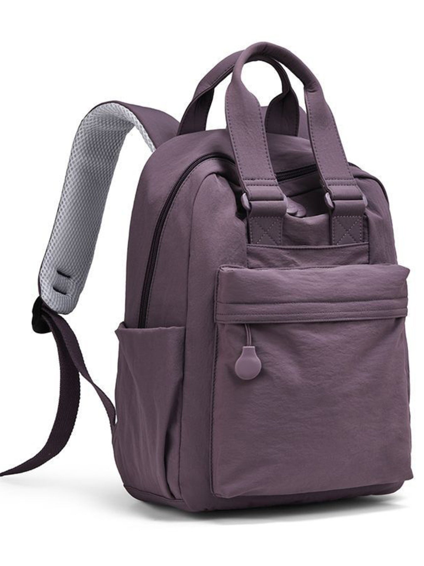 Purple mini Oxford cloth backpack with front pocket and mesh-lined straps