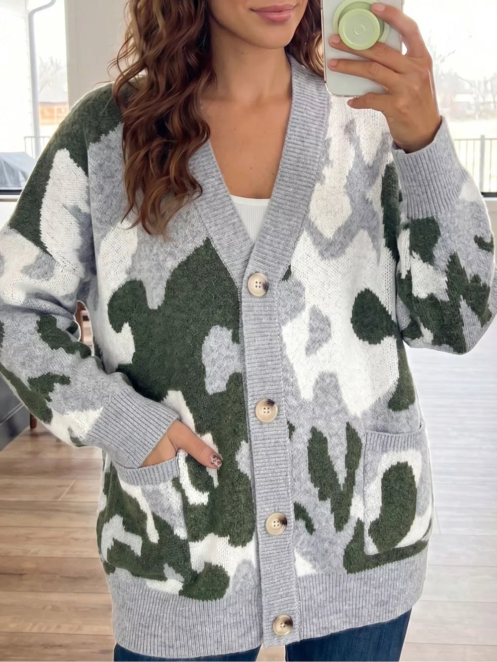 olive green cardigan with camo and v-neck