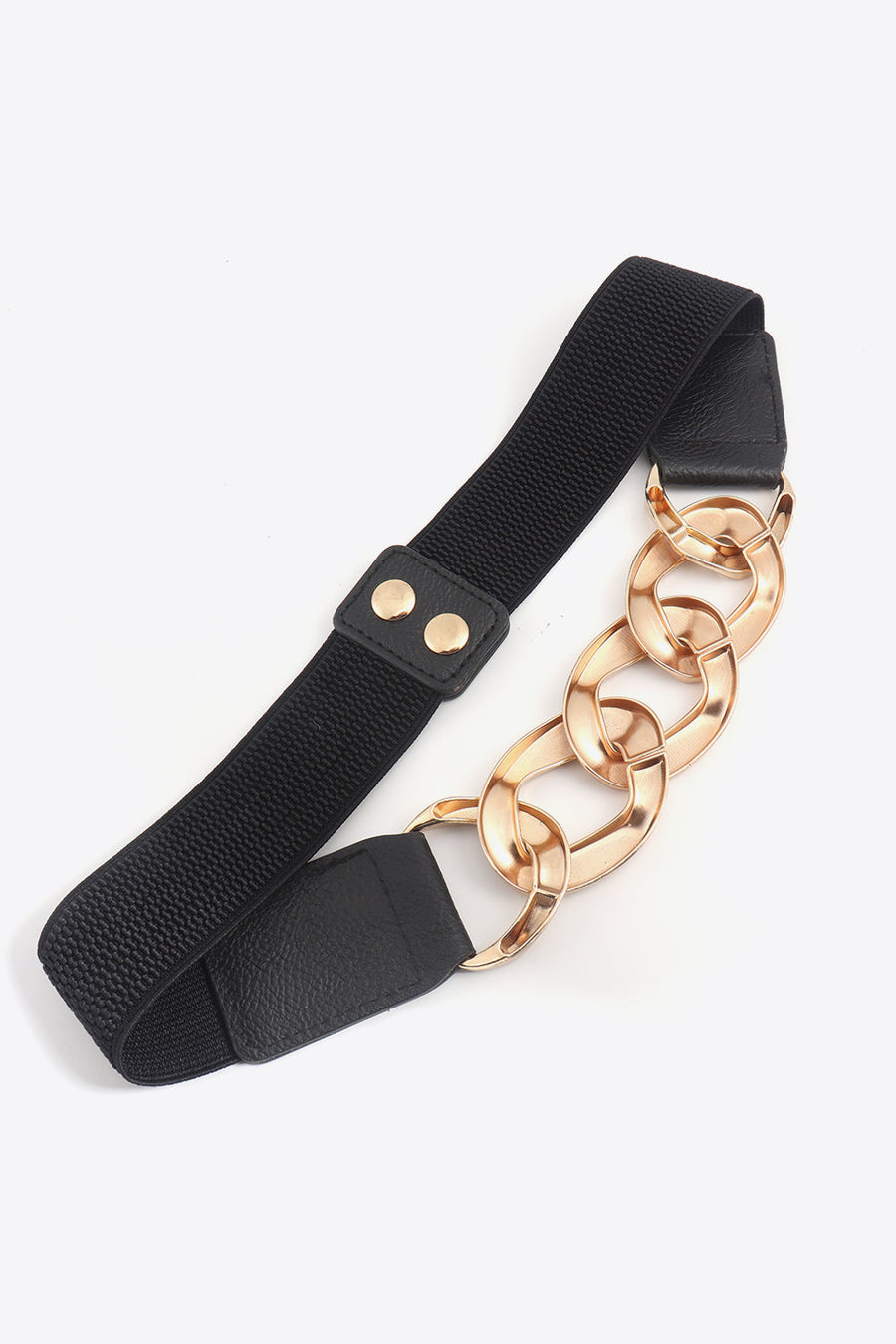 Black elastic belt with gold chunky chain detail and gold snap closure