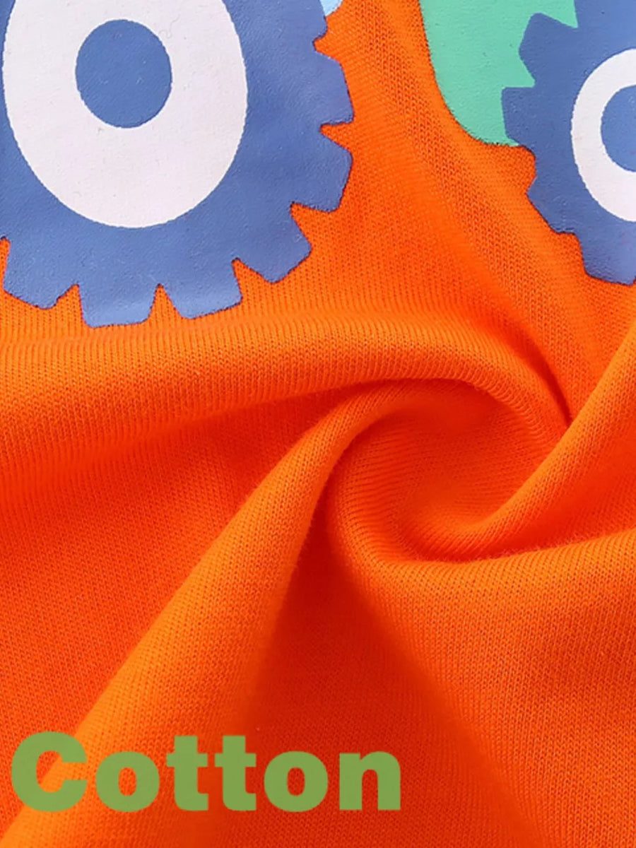 Orange cotton toddler t-shirt with a blue and white gear print detail.