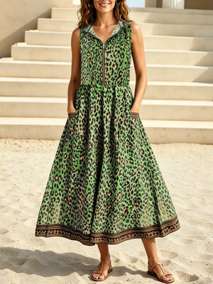 Leopard Zip Front Hooded Maxi Dress in Green with pocketed