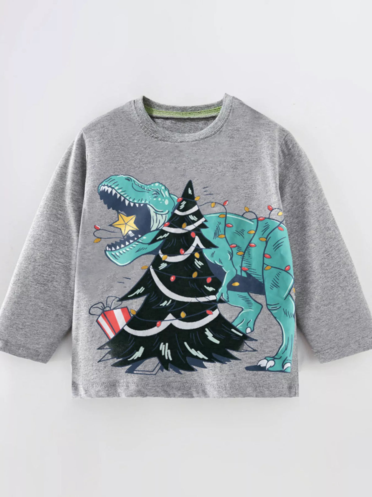 Gray long-sleeve cotton tee with a playful dinosaur, Christmas tree, and lights graphic.