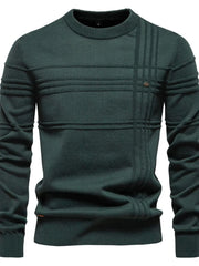 Dark Green crewneck knit sweater with textured horizontal and vertical panels and a button detail.