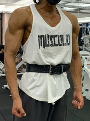 White muscle tank with distressed black logo graphic and a black weightlifting belt.