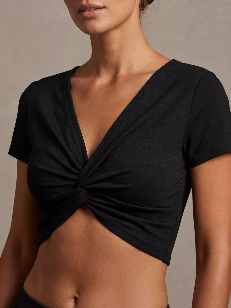 Black ribbed cropped t-shirt with V-neck and front twist detail