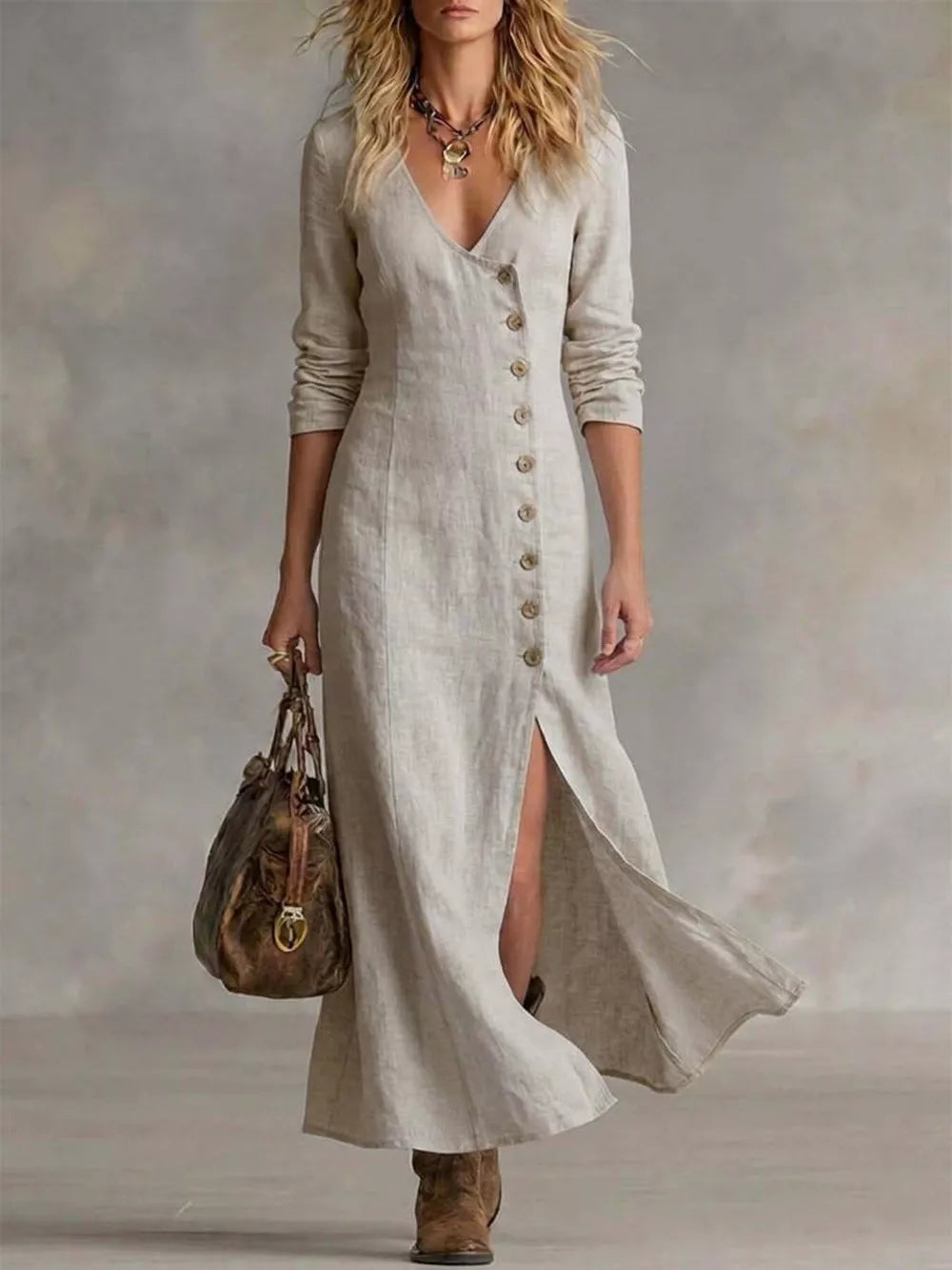 midi dress in oatmeal featuring buttoned and A-line fit