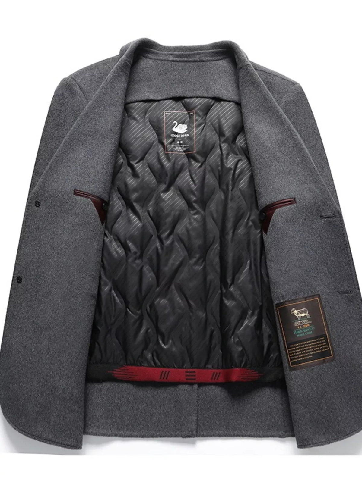 Men's gray wool button-up overcoat with quilted lining and branded tags.
