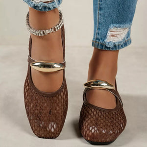 Brown Square Toe Mesh Slip-on Flats