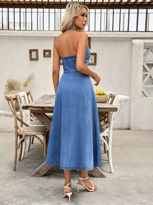Halter Neck Button-down Denim Dress option 6