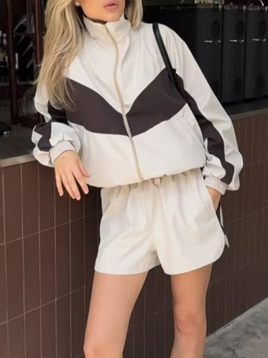 Green Color Block Zip Up Outerwear And Shorts Set
