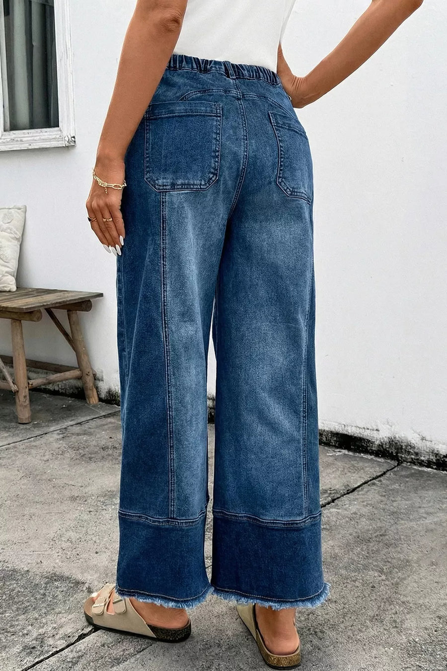 Drawstring Raw Hem Wide Leg Denim Pants option 5