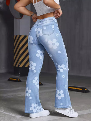 light blue flare jeans with full-length and button-front, zip-front