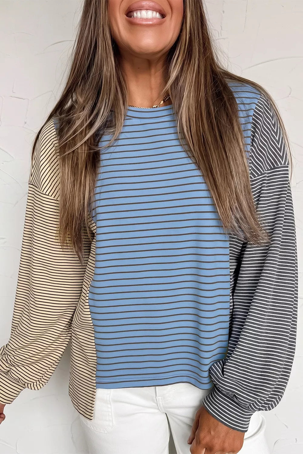 Dusty Blue Color Block Striped Sweatshirt