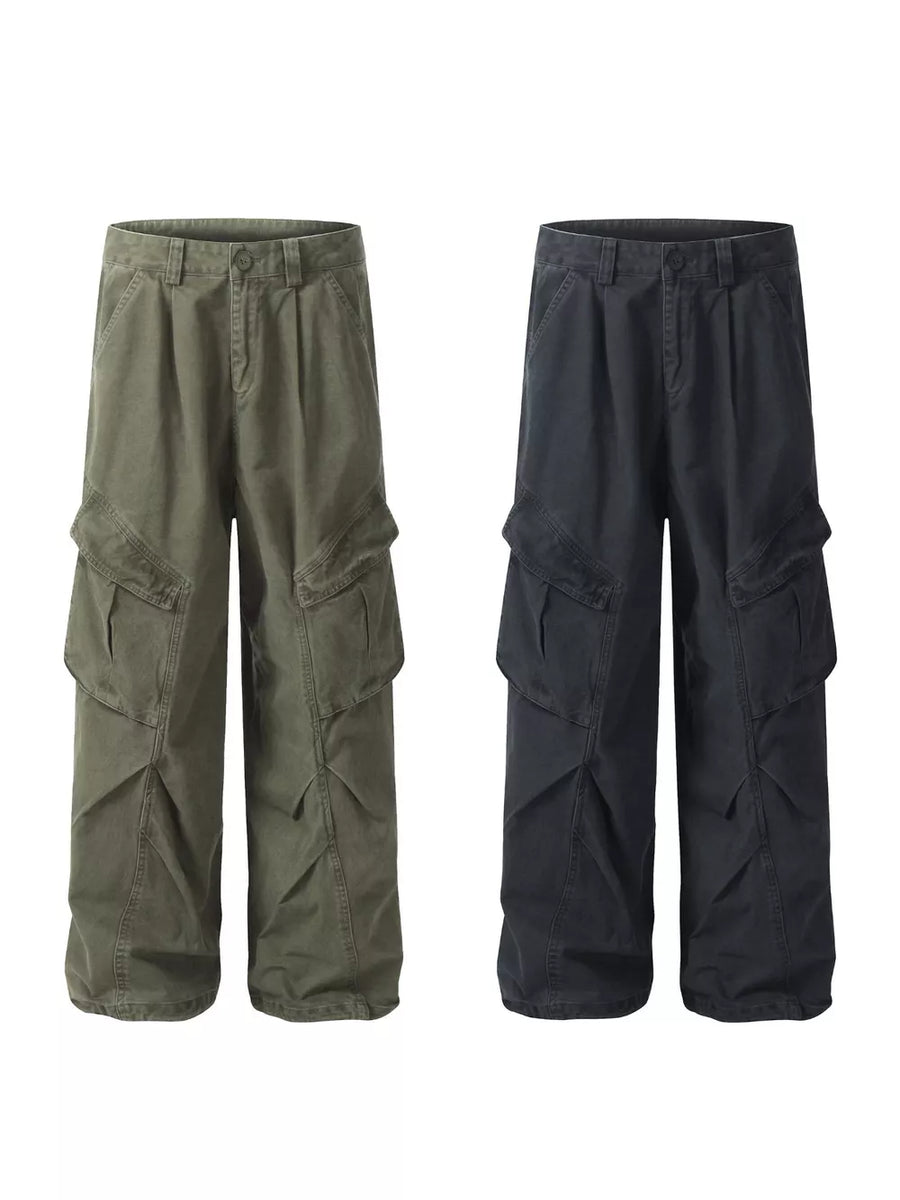Green and Haze Gray cargo sweatpants with multiple pockets and relaxed fit.