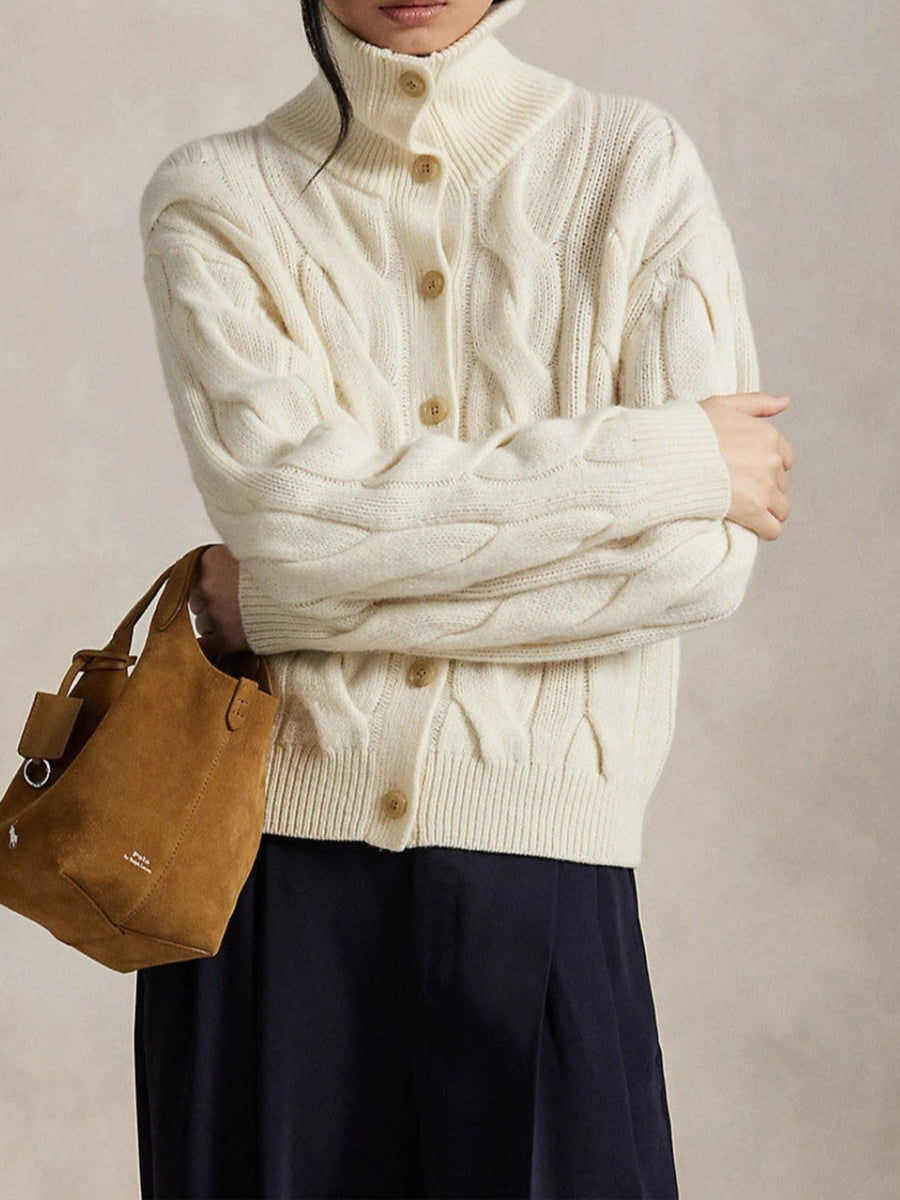 ivory cardigan with cable knit and mock neck