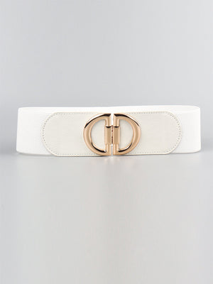 White elastic belt with double D gold buckle