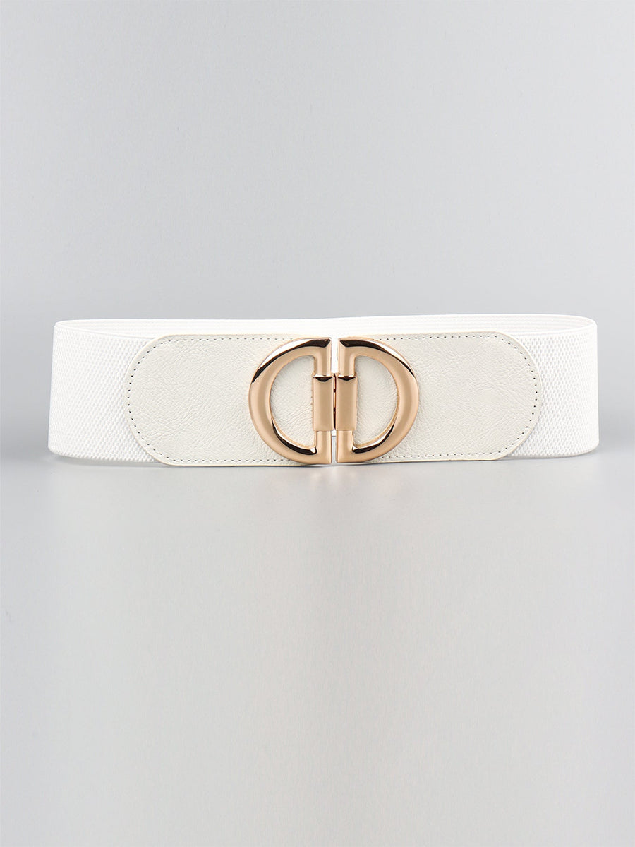 White elastic belt with double D gold buckle