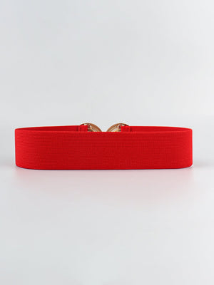Red elastic belt with interlocking gold circle buckle detail