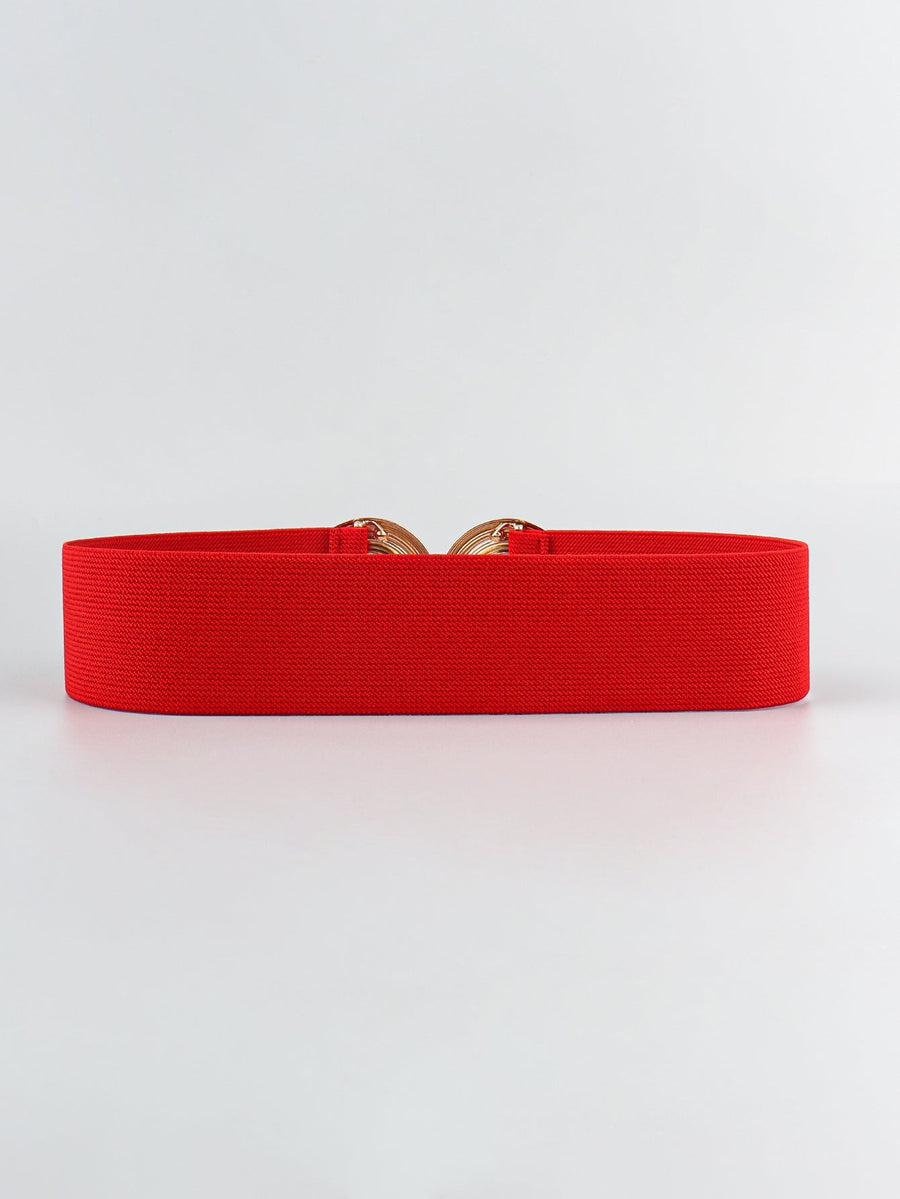 Red elastic belt with interlocking gold circle buckle detail