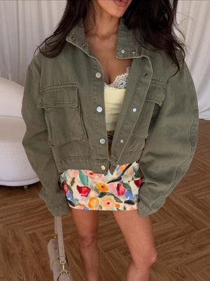 denim jacket in light blue with button-front and cropped