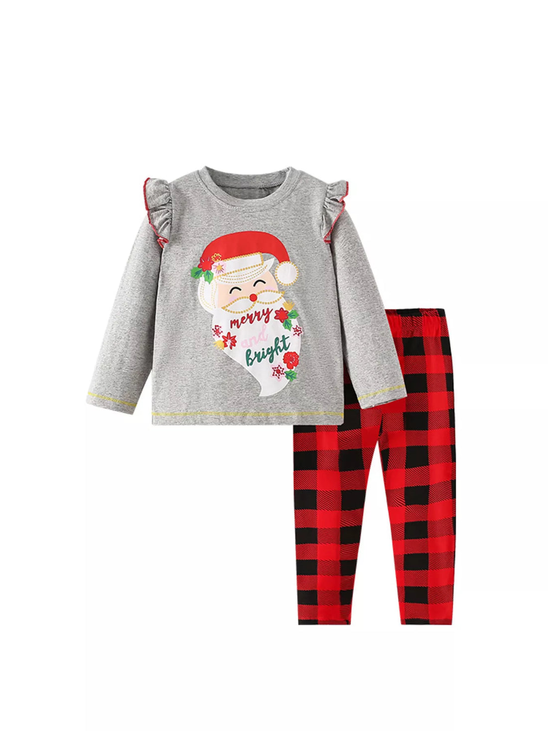 Gray Santa print pajama set with ruffled puff sleeves and red buffalo plaid pants.