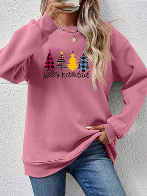 Feliz Navidad graphic crewneck sweatshirt in Blush Pink with plaid Christmas trees and festive lettering.